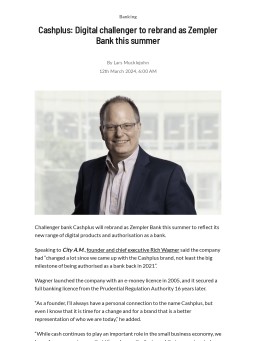 Cashplus Set to Become Zempler Bank This Summer Amid Rebranding